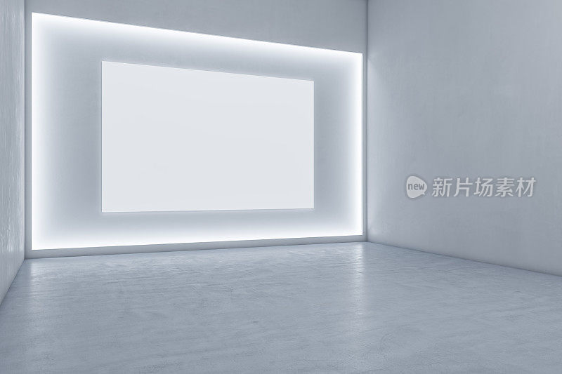 干净的展厅内部与照明白色模拟墙和混凝土地板。3 d渲染。